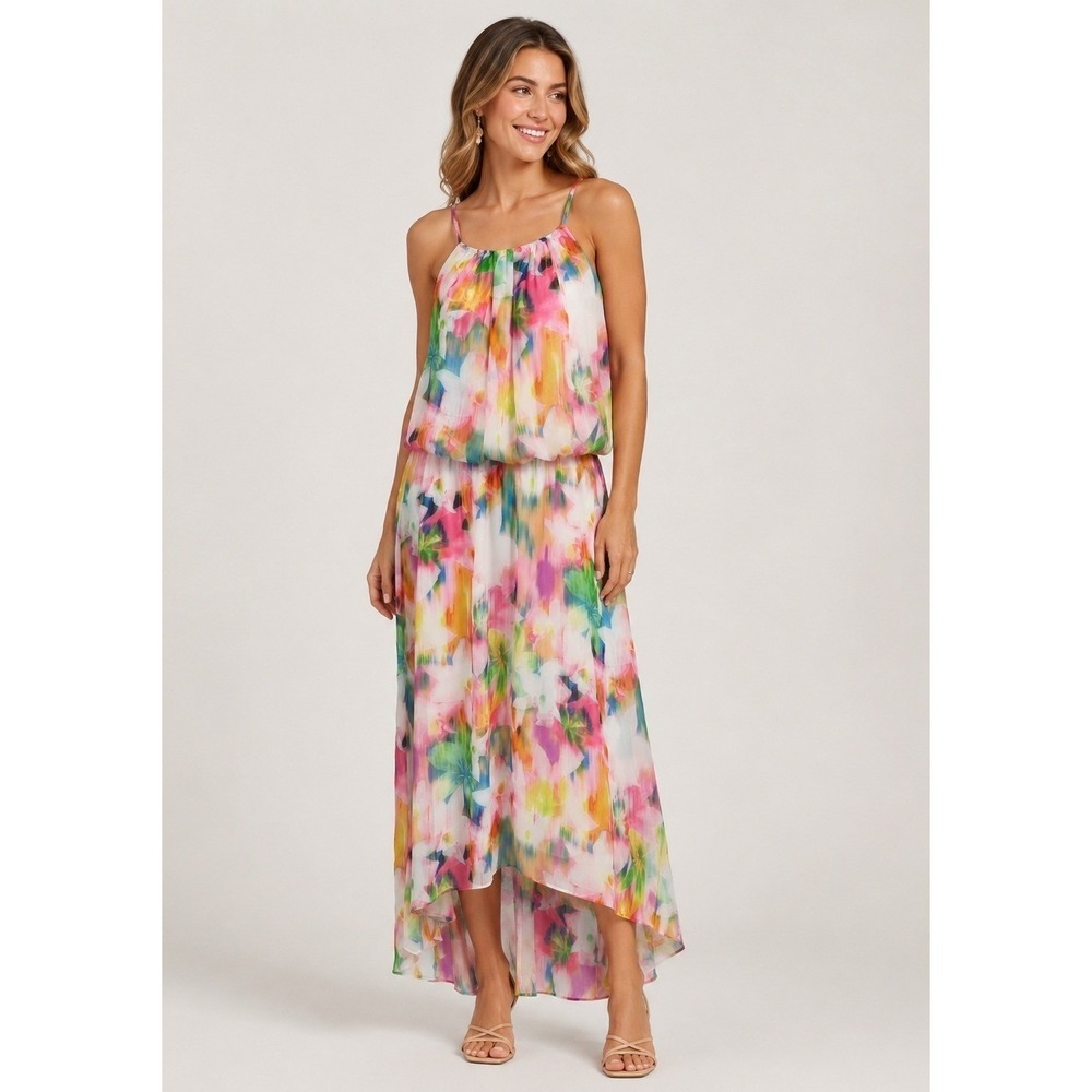 London Times‎ Garden Party Maxi Dress Womens 4 White Rainbow Halter Lined
